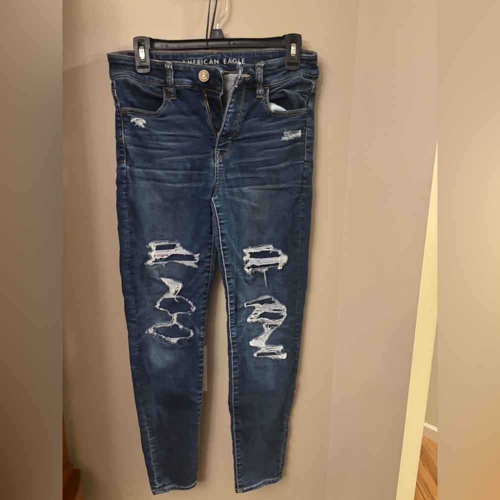 American Eagle Outfitters Blue Skinny Distressed Jeans high rise jeggings